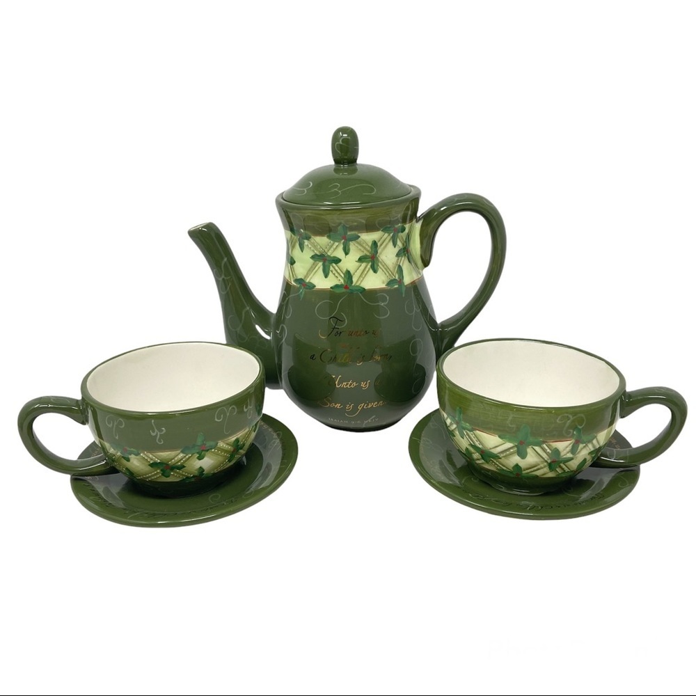 Christmas “For Unto Us” Coffeepot Holly Dayspring Scripture Tall Teapot w/Cups